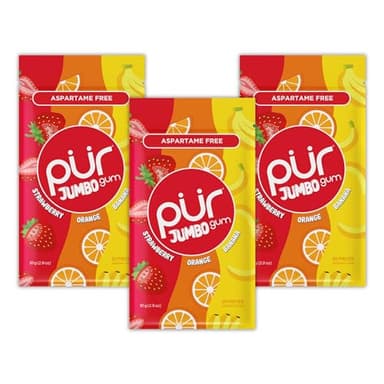 PUR Jumbo Gum | Goma de Mascar Sin Aspartamo | Con Xilitol | Sabor Natural Strawberry, Banana, Orange, 20 Piezas (Paquete de 3)