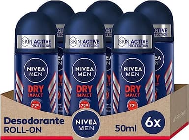 NIVEA MEN Dry Impact - Desodorante Antitranspirante para Hombre Roll-on - 72h de Protección Fiable contra el Sudor - Sin Alcohol - Con 2 Activos Antibacterianos - Todo tipo de Piel - Pack de 6 x 50 ml