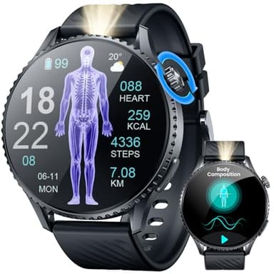 Smartwatch Reloj Inteligente Hombre con Llamadas: 1,56" AMOLED Smart Watch con ECG Frecuencia Cardíaca Spo2 Presión Arterial Sueño Bluetooth IP67 Linterna Pulsera Fitness deportivo para Android iOS
