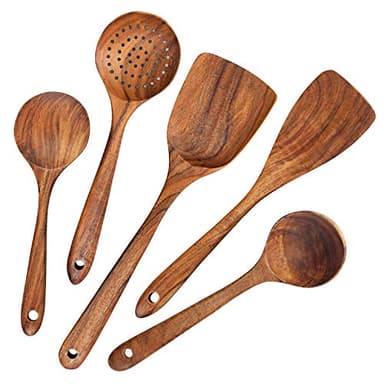 AOOSY Utensilios de cocina,5 piezas Juego de utensilios de cocina japoneses de madera Herramientas de utensilios resistentes al calor sin arañazos
