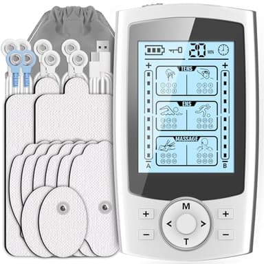 VCKHRRY Electroestimulador Muscular 3 en 1 TENS EMS Masaje Electrodos con 24 Programas 2 Canales 10 Electrodos TENS 20 Niveles de Intensidad para Muscular Relajación