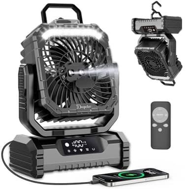 Ventilador Camping 20000mAh con Nebulizador, Ventilador Portátil Recargable Escritorio con Luz LED, Control Remoto y Gancho para Ufficio, Tienda, Exterior Viajes, Spiaggia, Pesca - Negro