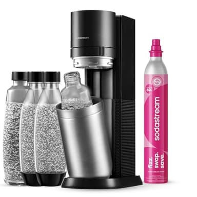 SodaStream Duo Pack - Máquina Gasificadora de Agua Color Negro con 2 Botellas Fuse de 1L 2 Botellas Fuse Glass de Cristal de 1L y 1 Cilindro de Gas Color Rosa, Para Preparar Hasta 60L de Agua con Gas