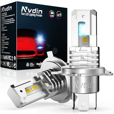 Nvdin bombillas h4 led 20000lm, lámpara para faros de coche y moto, muy compacto sin ventilador, tamaño halógeno 1:1, kit de luces de 12v para luces largas y cortas, 6000k blanco