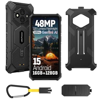 Ulefone RugKing 3 Pro Movil Resistente, Android 15 AI Smartphone 16GB+128GB/SD-2TB 5700mAh 6,56” 120Hz Teléfono, Octa-Core Cámara 48MP+8MP, 120LM Super Torch/3-Slots/IP68/IP69K/OTG/NFC/GPS Negro