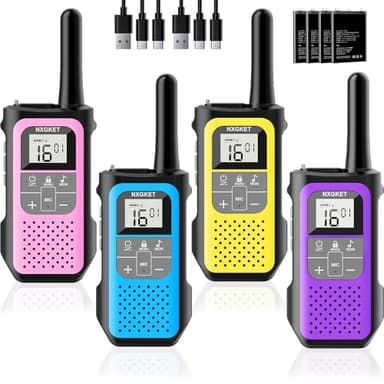 Walkie Talkies Largo Alcance para Niños Adultos, NXGKET 16 Canales Radio Recargable, 5 km de Alcance con Batería de Iones de Litio, Cable de Carga USB-C, VOX para Senderismo y Camping, Paquete de 4