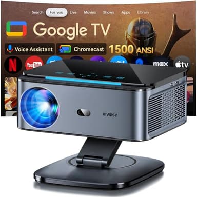 Proyector【1500 ANSI/Google TV/Auto Focus】 XIWBSY Proyector Portatil 38000 Lúmenes, Gira 360 °, WiFi 6 Bluetooth 5.3, Control por Voz, Soporte 4K 1080P, Proyectores Video Cine En Casa/Exterior Netflix