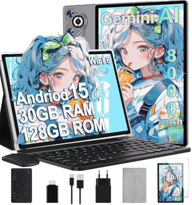 Tablet Android 15, 30GB RAM 128GB ROM(TF 2TB Expandible), 10 Pulgadas, 8000mAh, WIFI 5G, GPS/BT5.0/OTG, Face ID, Widevine L1, Tableta de Cuerpo Metálico con Teclado, Mouse y Funda Protectora -Gris