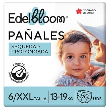 Edelbloom Premium 40 Bragapañales Talla 6 (13–19 kg), Ultraabsorbentes y Transpirables, Hipoalergénicos, Extra Suaves y Delicados para Bebés, Dermatológicamente Probados, Protección Antifugas Segura