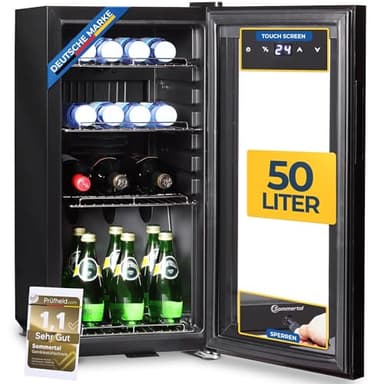 Sommertal Frigorífico con puerta de cristal GK50 – Nevera silenciosa con LED, pantalla táctil y cerradura, nevera pequeña para botellas, color negro, 50 l