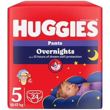 Huggies Overnight - Pañales de noche para bebé, talla 5 (12-17 kg), pañales absorbentes para la noche, diseño Disney, paquete de 24 bragas