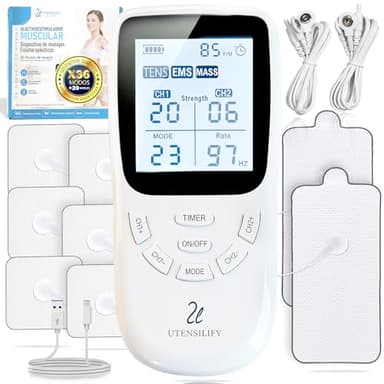 UTENSILIFY® SUPER PACK Electroestimulador Muscular 3 EN 1 PREMIUM | 6 Electrodos Para Tens + 2 Electrodos Fisioterapia | 36 Modos + 20 Niveles de Intensidad | Estimulador Muscular | Tens | EMS | Mass