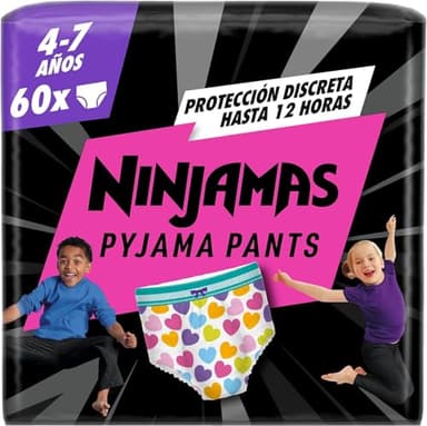 Dodot Pañal-Braguita Ninjamas, Talla 4-7 años (17-30 kg), 60 pañales tipo braguita, pañal noche con Corazones, Protección Contra Fugas Toda La Noche