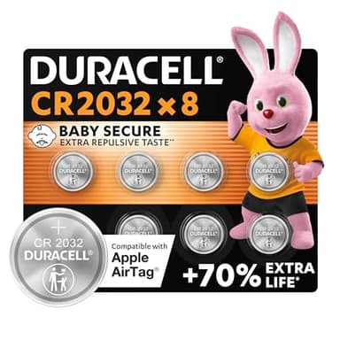 Duracell CR2032 pilas de botón de litio 3 V (paquete de 8) - Hasta un 70 % extra duración - Tecnología Baby Secure - Para Apple AirTag, llaves remotas, dispositivos domésticos, deportivos y médicos