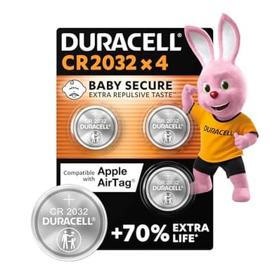 Duracell CR2032 pilas de botón de litio 3 V (paquete de 4) - Hasta un 70 % extra duración - Tecnología Baby Secure - Para Apple AirTag, llaves remotas, dispositivos domésticos, deportivos y médicos